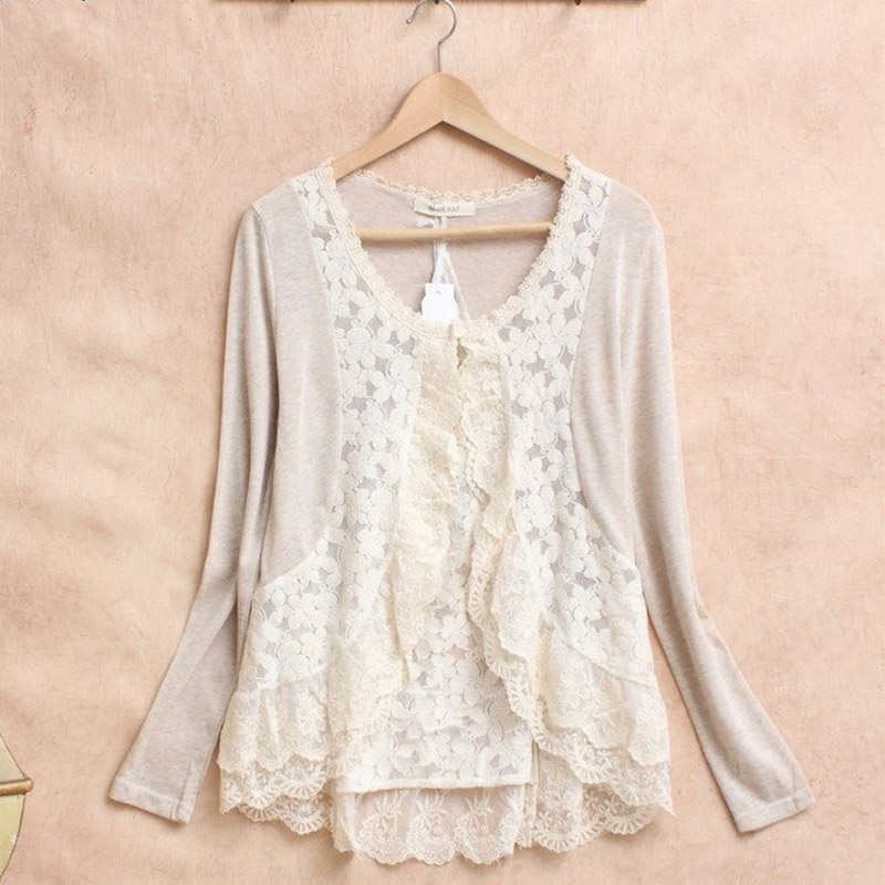 Embroidery Cardigan - 春の森ガール甘いシャツ女性かぎ針レースフリルかわいい長袖刺繍コットンリネンの女性のblusasカーディガンU053