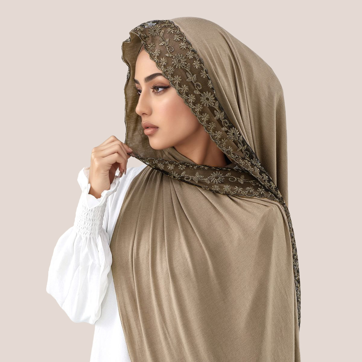 Embroidery Shawl - レース刺繍コットンジャージーイスラム教徒ヒジャブロングスカーフ女性用ヘッドラップショールターバンイードソリッドヘッドバンドマレーシアトゥドゥン170 * 60cm