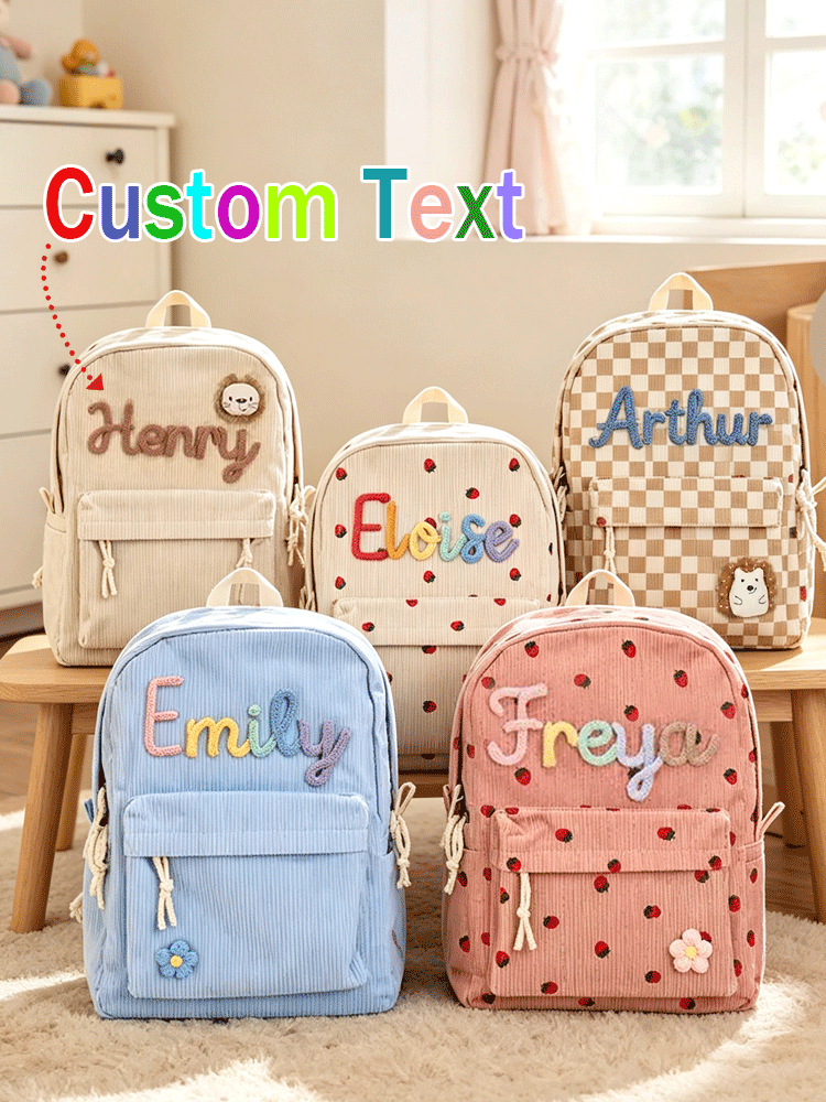Embroidery Motif - [カスタム] 名前入りパーソナライズされた新学期用バックパック – ストロベリー/チェック柄、軽量で広々としたトラベルバックパック