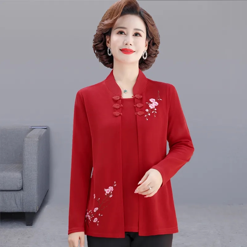 Embroidery Cardigan - 中年女性刺繍カーディガンシャツ春秋大きいサイズフェイクツーピースセット Tシャツ新しいマザーブラウストップス 5XL