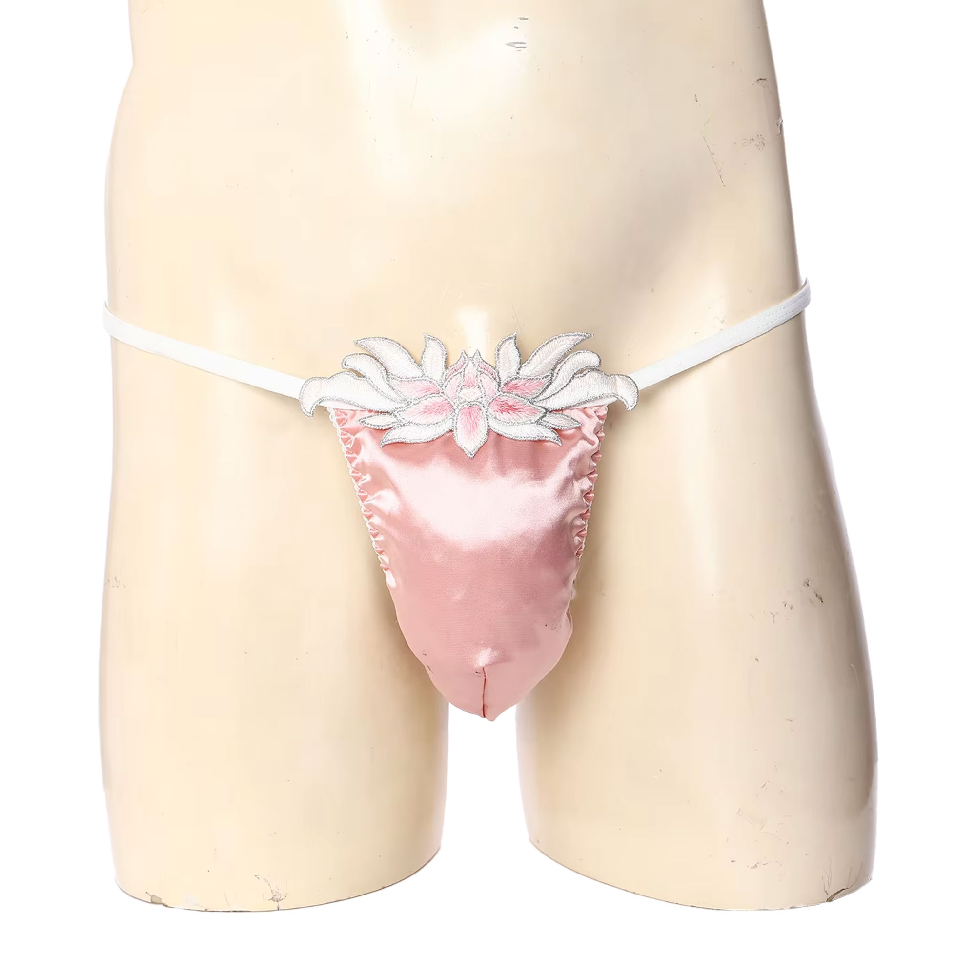 Embroidery Underwear - シシーTバックソング下着 メンズ ローライズ 花柄刺繍パッチ ステインポーチ スパゲッティストラップ
