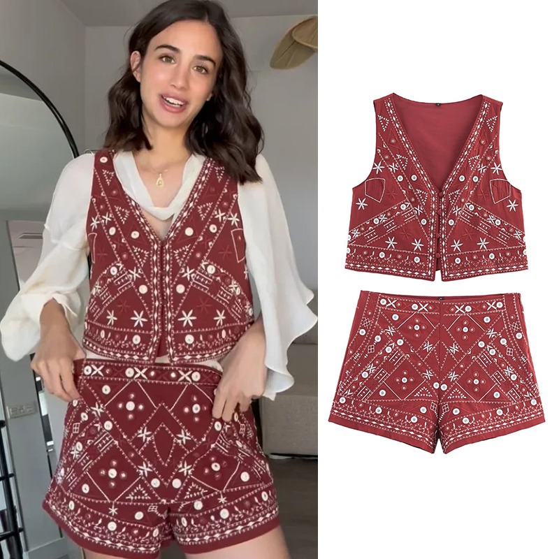 Embroidery Uniform - Y2K風ツーピースレディーススーツ 刺繍ビーチセット 女性用アウトフィット ホリデーコーデ コットンサマーエレガントフェスティバルレディ