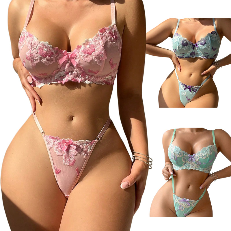 Embroidery Underwear - 刺繍入りピンクの花柄ロマンチックな刺繍セクシーランジェリーセットデラックスな美的下着高品質魅惑的な下着