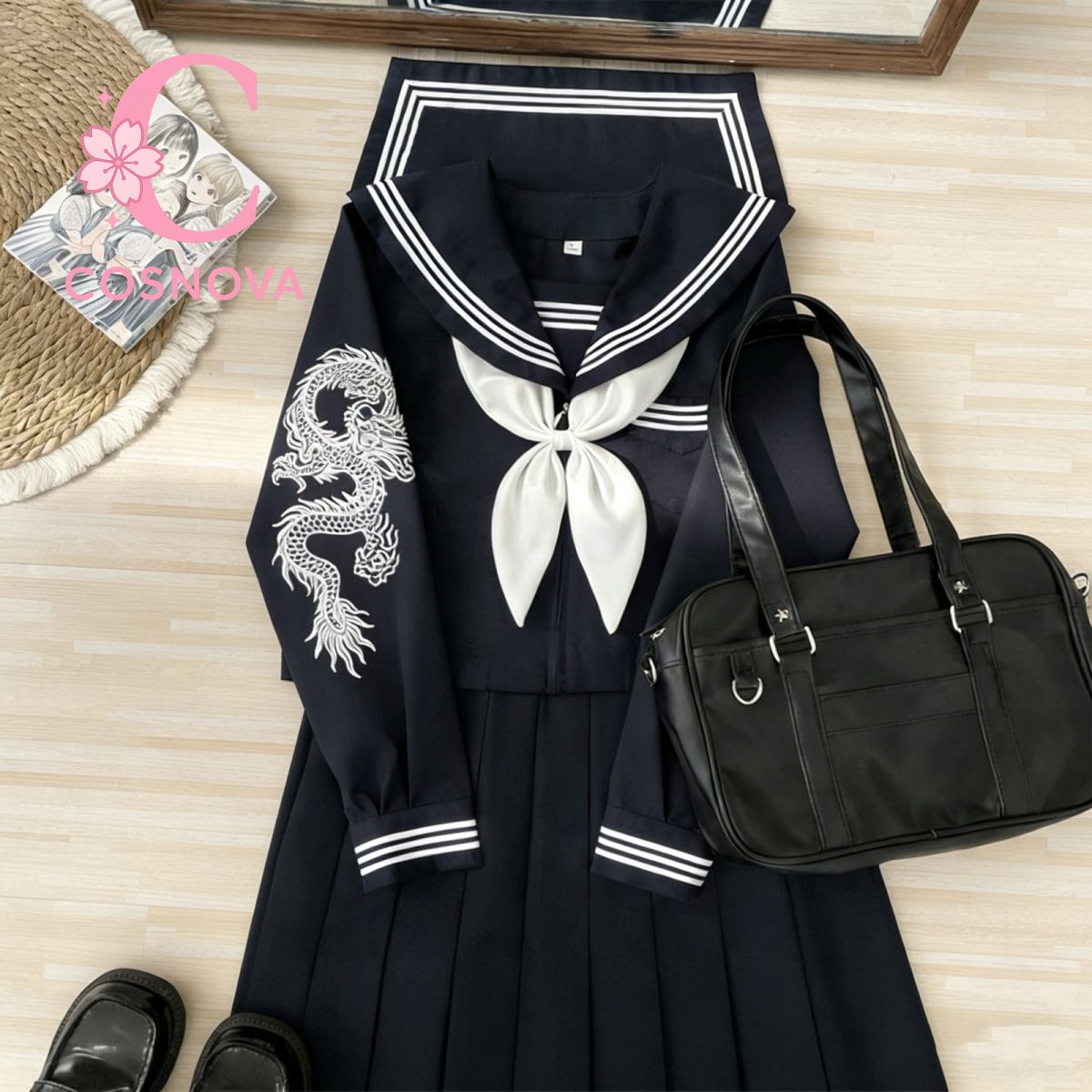 Embroidery Uniform - 日本ダークゴスパンクセーラースーツ JK 学生服ネイビーブルードラゴン刺繍長袖セット女性プリーツスカート衣装
