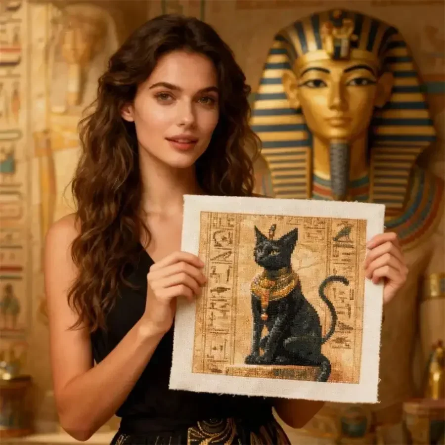 Embroidery In Egypt - 古代エジプトの猫 新しいスタイル DIY アートクラフト 大人向け スタンプクロスステッチキット