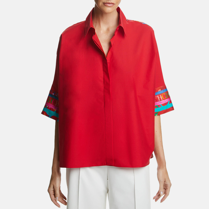 Embroidery Motif - カジュアルな女性のための七分袖ブラウス、ヴィンテージルーズトップス、女性のためのマルチカラーパッチワークシャツ、女性のファッション