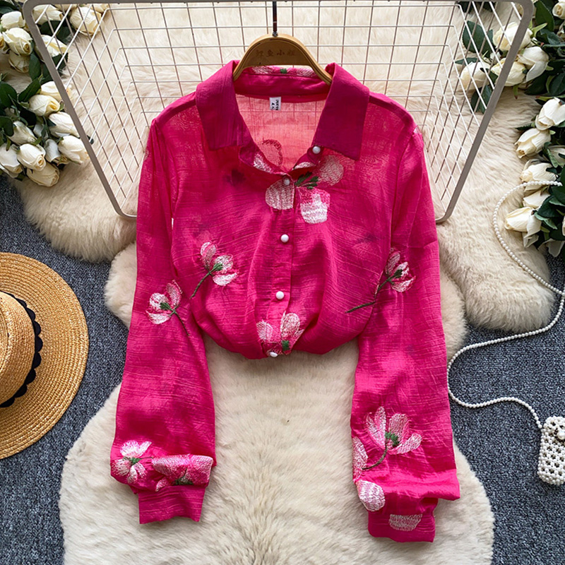 Embroidery Cardigan - 韓国スタイルの花柄刺繍カーディガン女性夏ルーズフィット通気性長袖オープンフロントシャツブラウス女性 BL485