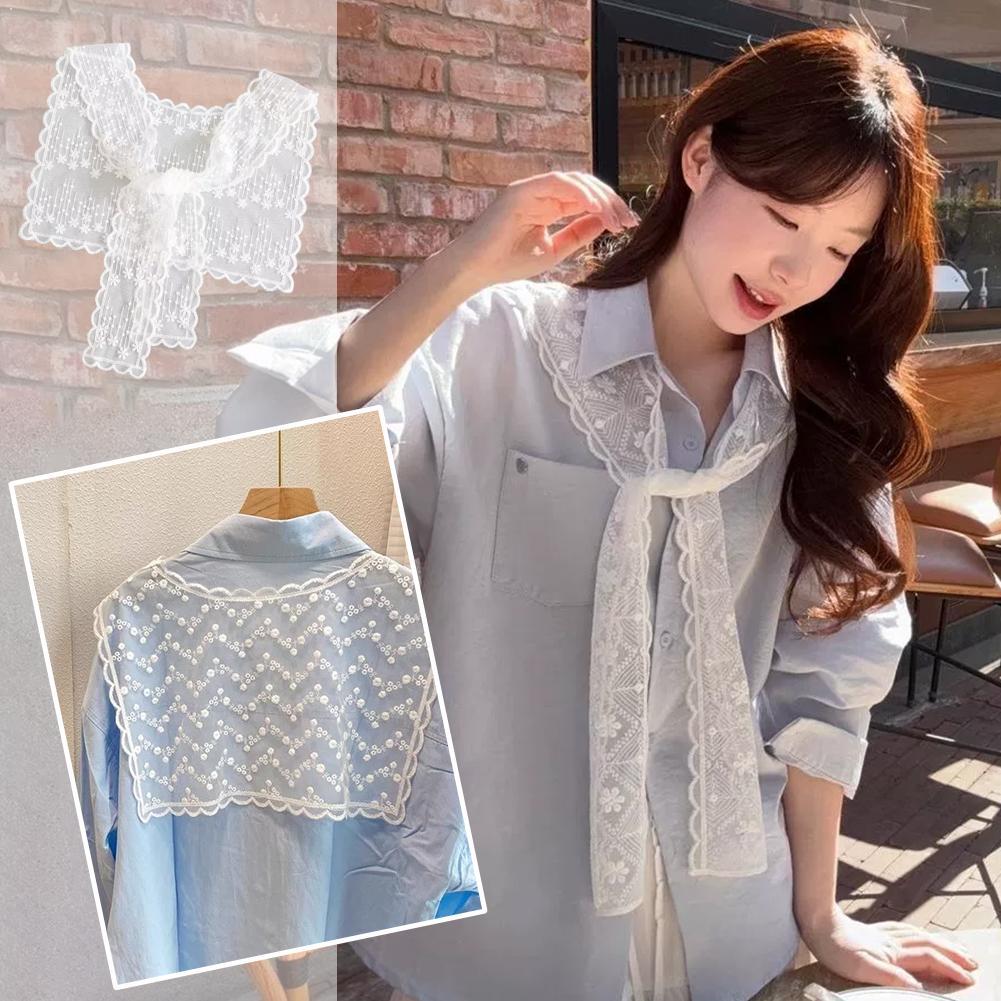 Embroidery Shawl - フレンチレースショールスカーフ女性用エレガントな中空花柄刺繍フェイクカラーシャツラップ夏の日焼け止めアクセサリー