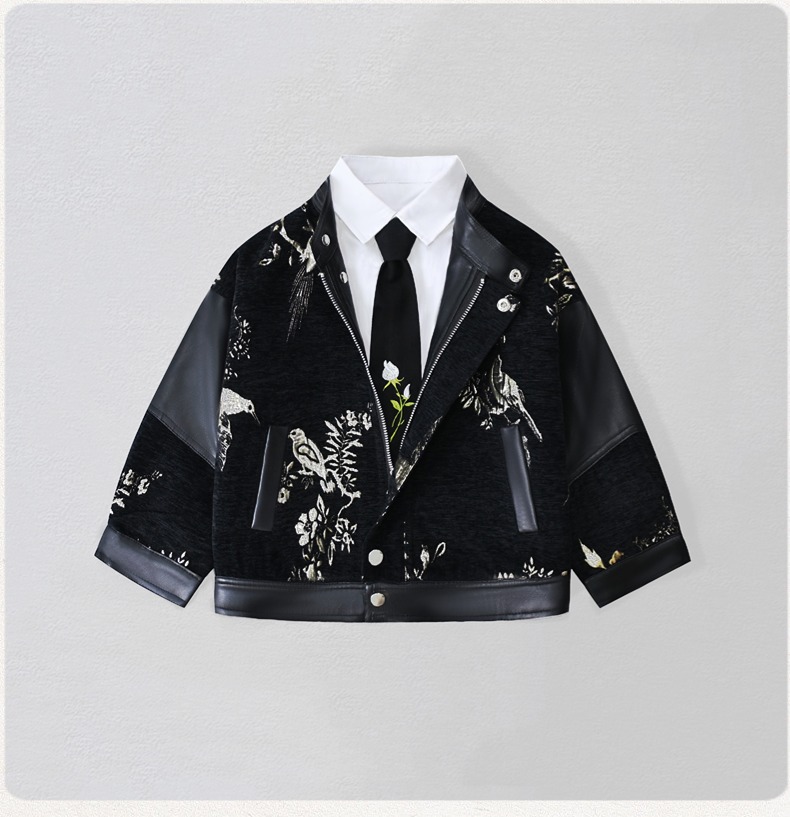 Embroidery Uniform - 紳士風キッズ刺繍入りバイク用PUレザージャケット 男の子用 防水防風コート キッズクリスマス 新年写真撮影用ウェア