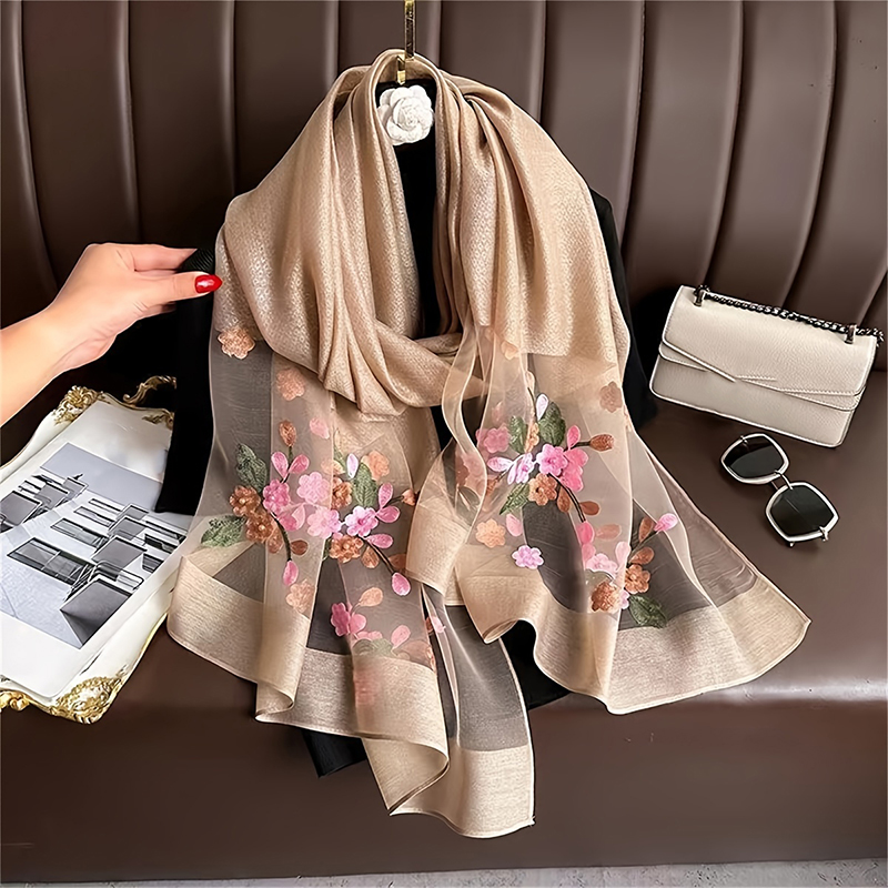 Embroidery Shawl - 女性シルクウールスカーフ花刺繍ヒジャーブ女性スカーフ春夏薄いパシュミナショールラップ Bufanda スカーフストール