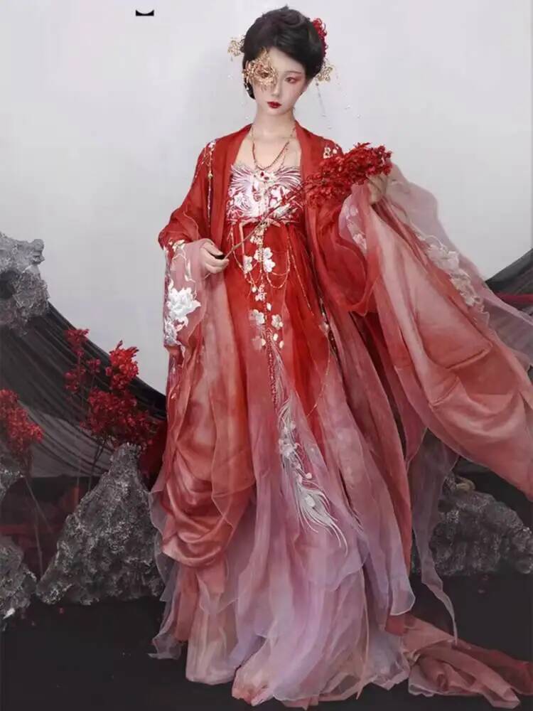 Embroidery Dress - 漢服を着た女性、豪華な刺繍が施されたヘジドレス、大きな袖のセット、古代の春夏衣装、コスプレ、ハロウィン