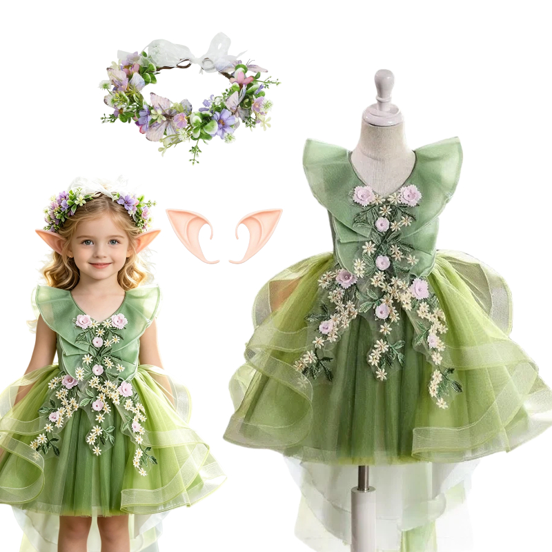 Embroidery Dress - 森のエルフのコスプレプリンセスコスチューム、緑の花の刺繍入りチュチュドレス、耳付きリーススーツ、誕生日ハロウィンパーティー用
