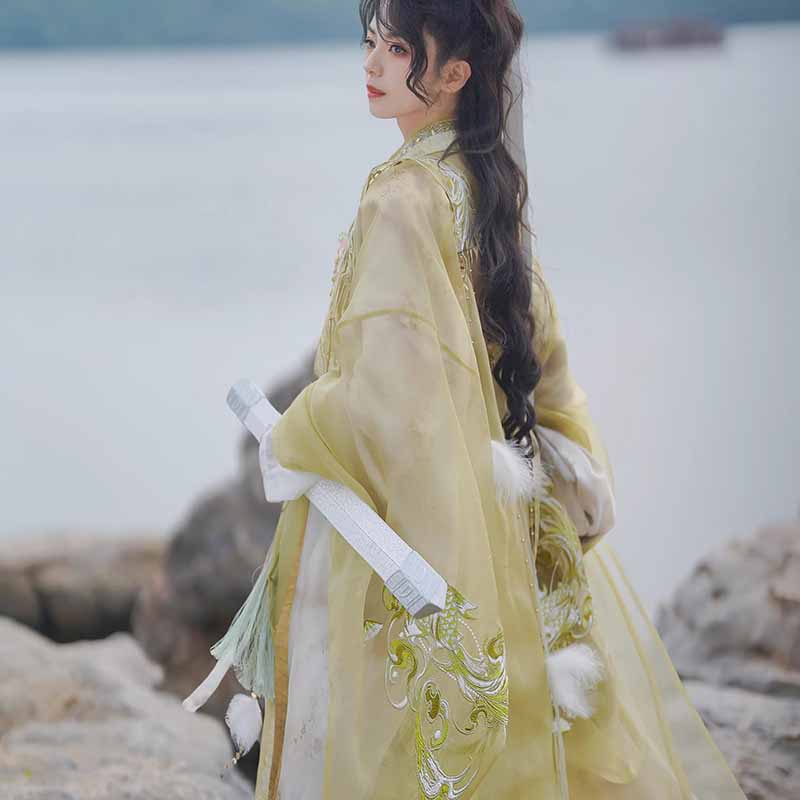 Embroidery Outfit - 武侠剣士漢服衣装男性グラデーション黄色刺繍ワイドスリーブローブ妖精コスプレ衣装伝統的な唐スーツ女性