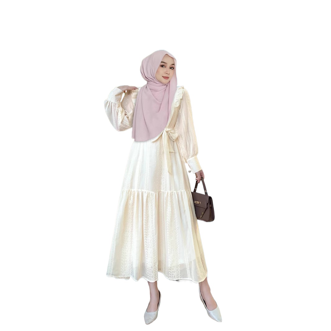 Embroidery In Indonesia - インドネシアイスラム教徒の女性の服菌エッジスタンドアップカラースプライシング蓮の葉エッジブティック刺繍ドレス cw53900