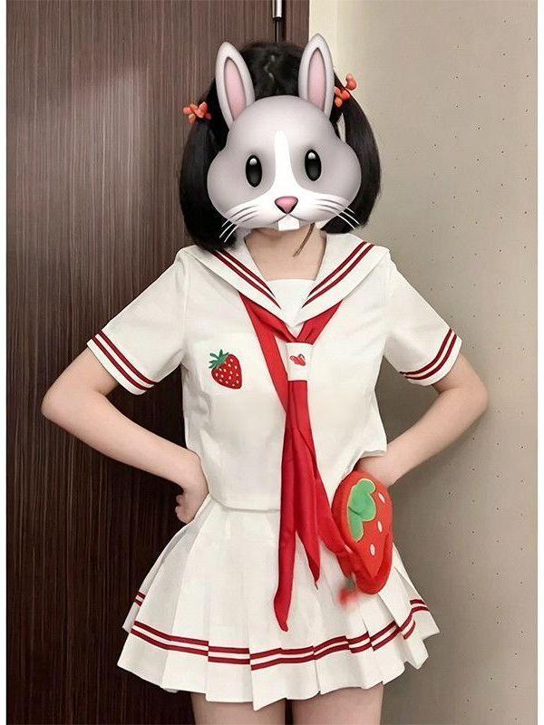 Embroidery Uniform - 2026年アニメJK制服 いちご刺繍半袖セーラー服 スクールスタイル ウエスト絞り 白赤格子スカートセット