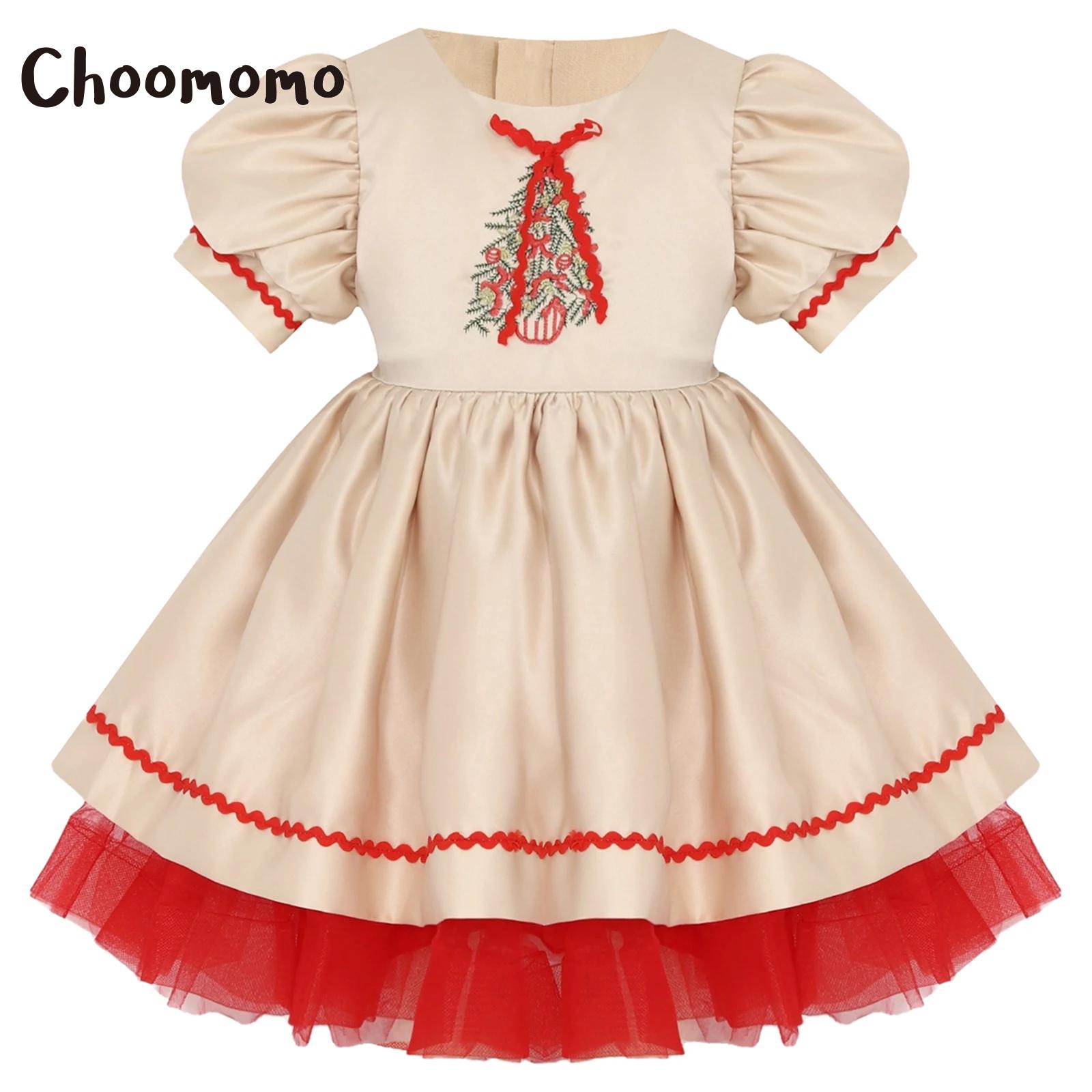 Embroidery Dress - キッズガールズクリスマスサンタドレス刺繍パターンパフィースリーブクリスマスチュチュドレスホリデーパーティーや家族の集まりイベント用