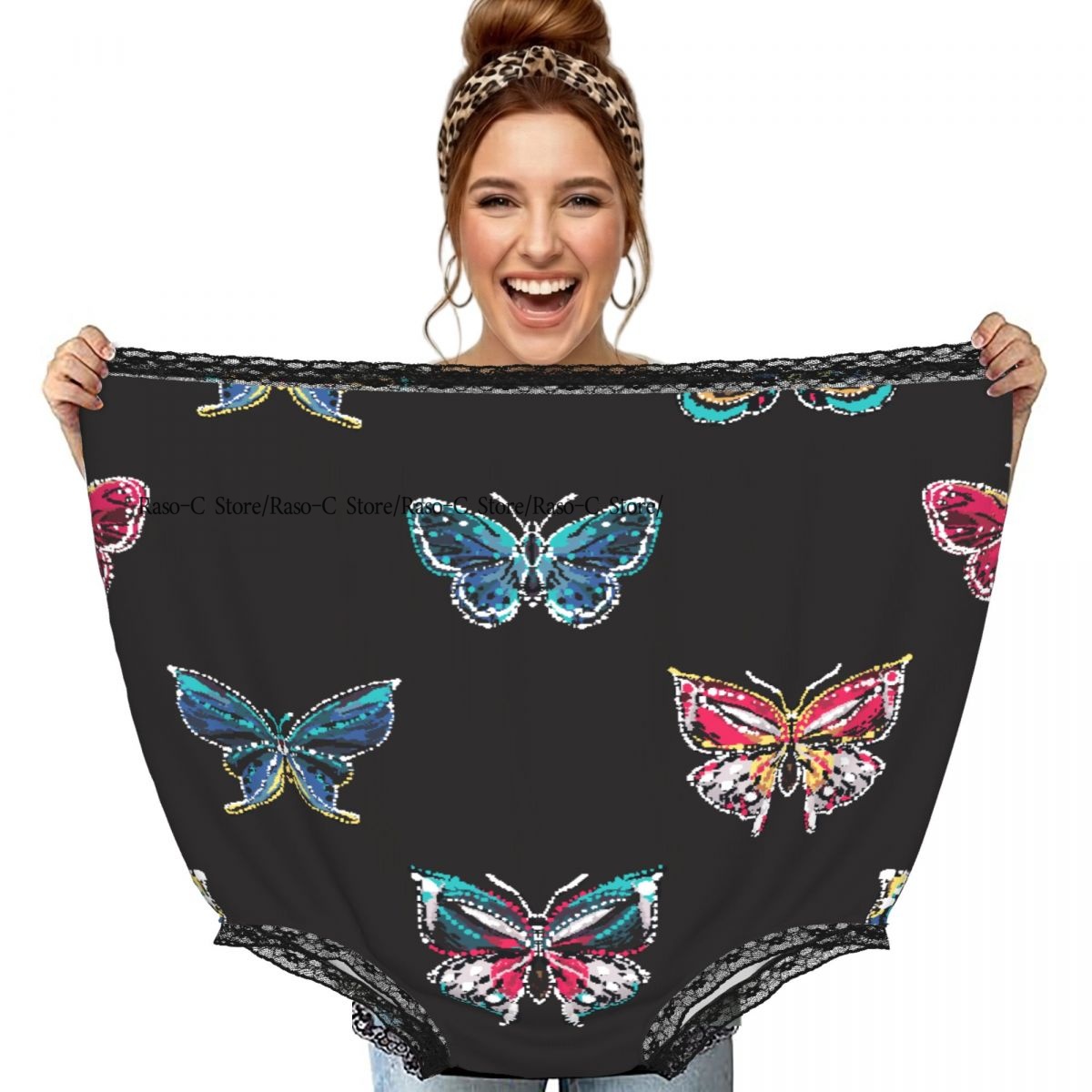 Embroidery Underwear - 面白いおばあちゃん用下着、刺繍とラインストーン付きトロピカルバタフライ、ギャグギフト、おばあちゃん用パンティー