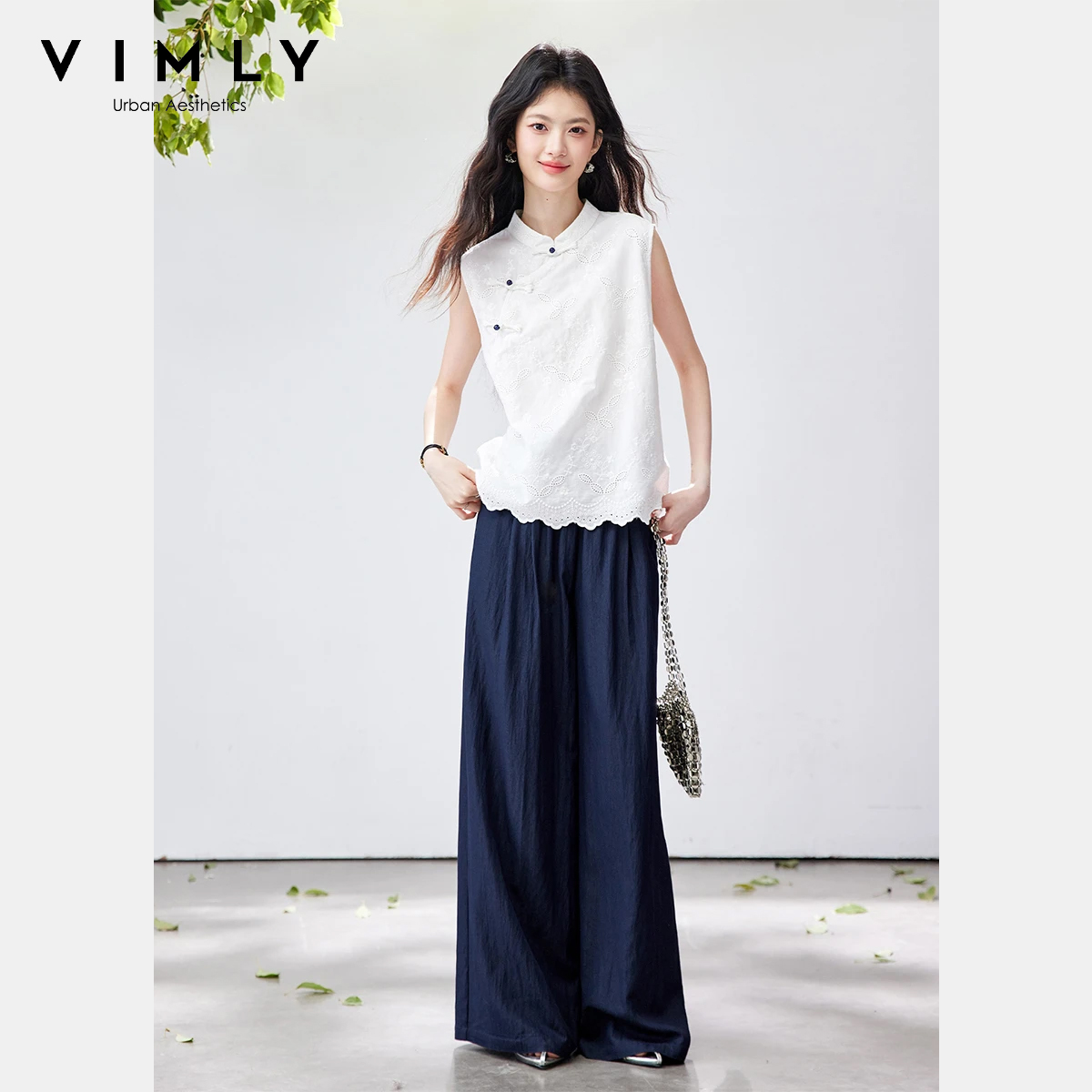 Embroidery Uniform - VIMLY 中国風ツーピースパンツセット女性の夏のスーツジャカードノースリーブトップワイドレッグだぶだぶパンツ 2026 カジュアル衣装 A5129