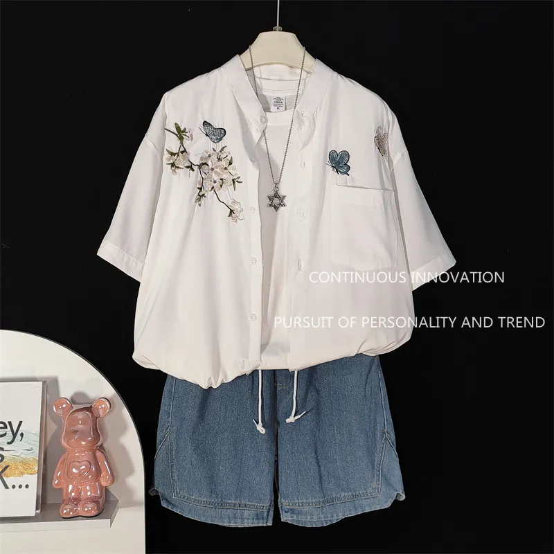 Embroidery Outfit - メンズ3点セット 中華風刺繍半袖シャツ タンクトップ デニムショートパンツ セットアップ