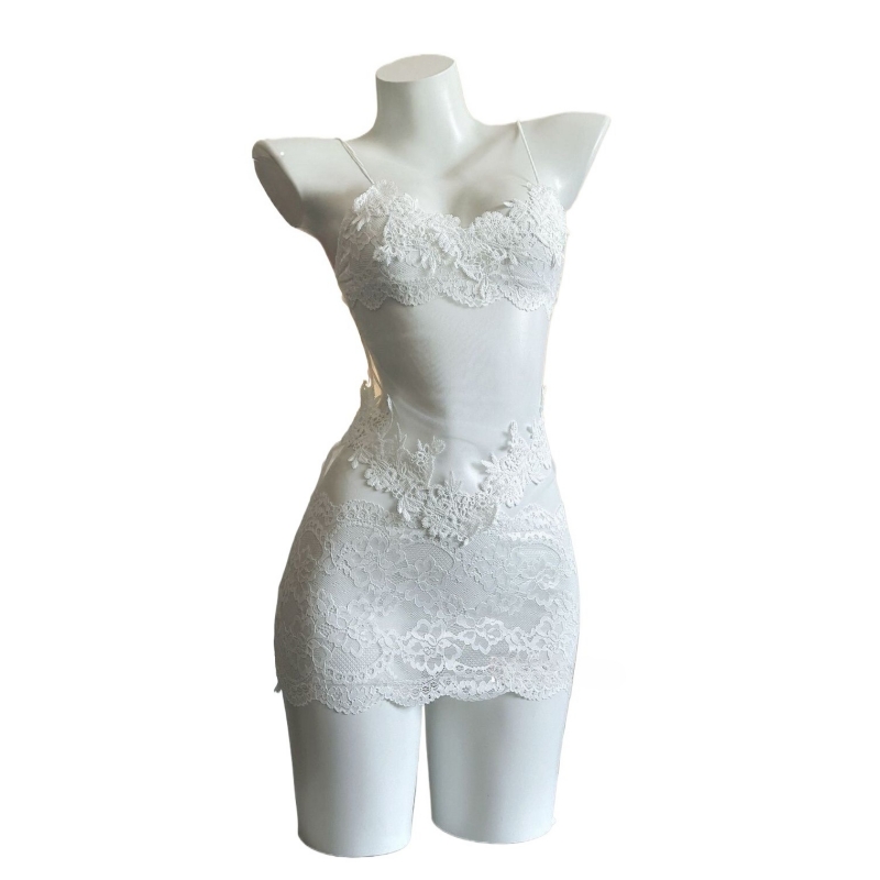 Embroidery Dress - セクシーなレース刺繍ストラップレスドレス女性メッシュシースルー寝間着背中の開いた下着ロールプレイ衣装女の子中空ランジェリー