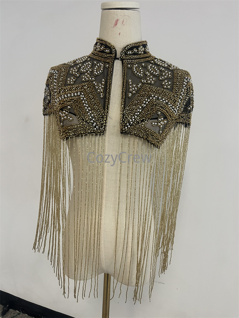 Embroidery Shawl - レトロラグジュアリーシークインビーズフリンジタッセルショートシュラッグジャケット、女性用エレガントフォーマルボレロケープショールラップスパンコールイブニングラップ