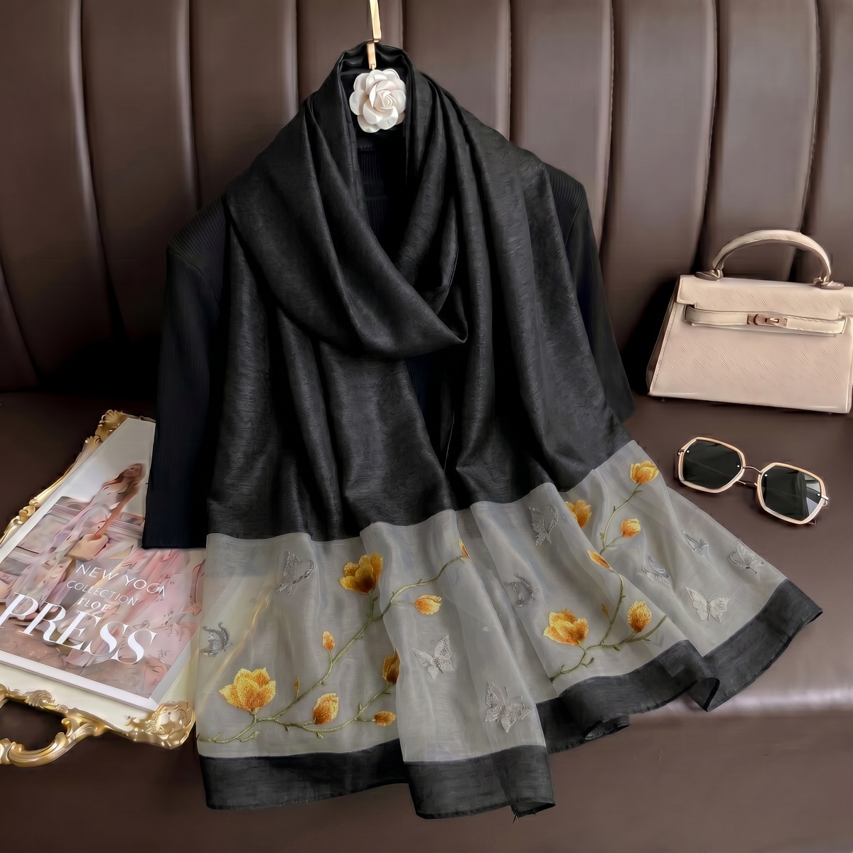 Embroidery Shawl - スカーフプリントヒジャブバンダナシルクスカーフ女性用ヘッドスカーフ女性用カットフラワー刺繍マルベリーシルクヴィンテージフローラルヘッドスカーフ