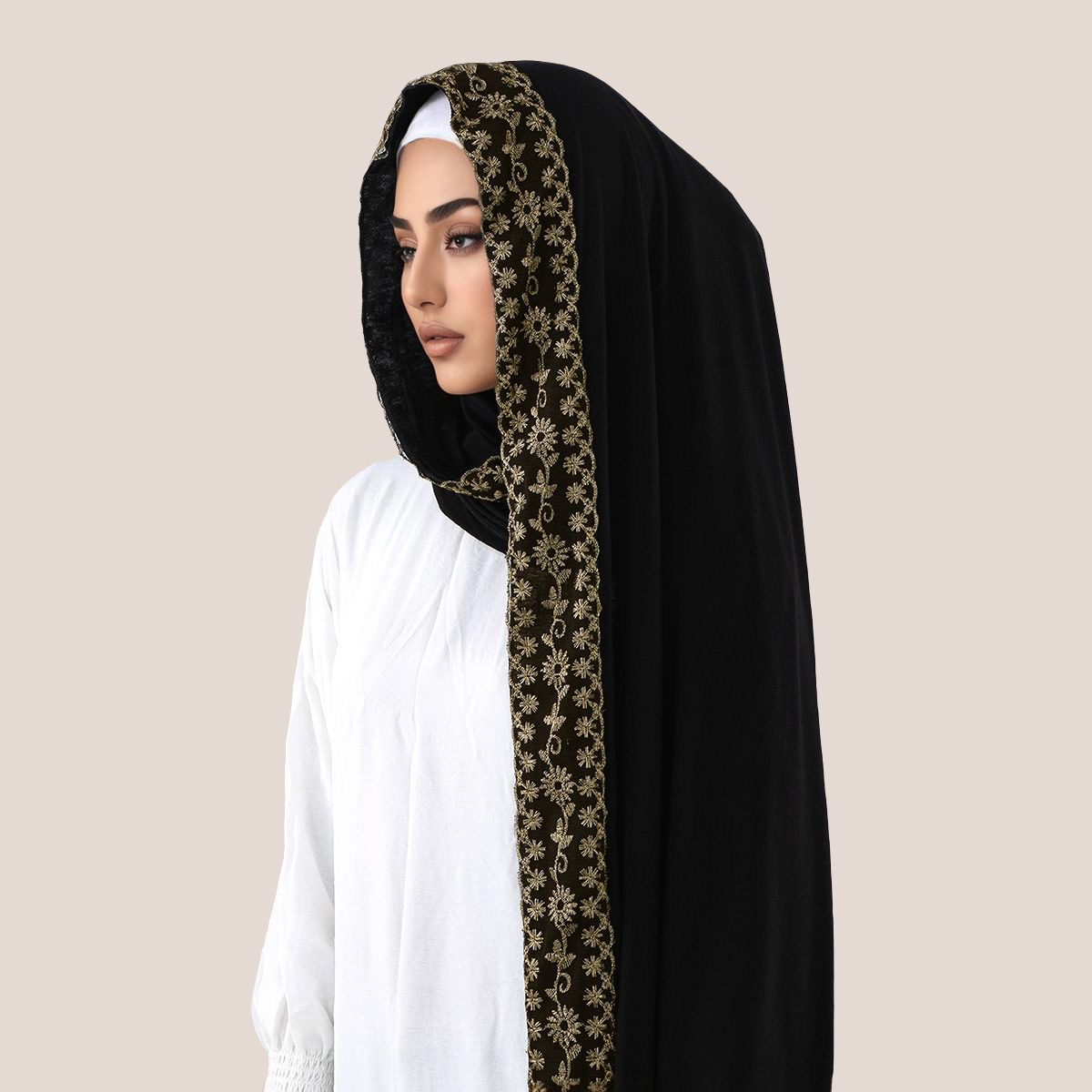 レース刺繍コットンジャージーイスラム教徒ヒジャブロングスカー - Embroidery Shawl のレビューと価格