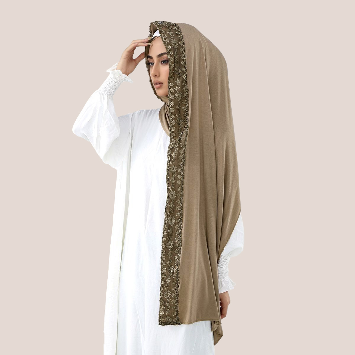 レース刺繍コットンジャージーイスラム教徒ヒジャブロングスカー - Embroidery Shawl のレビューと価格