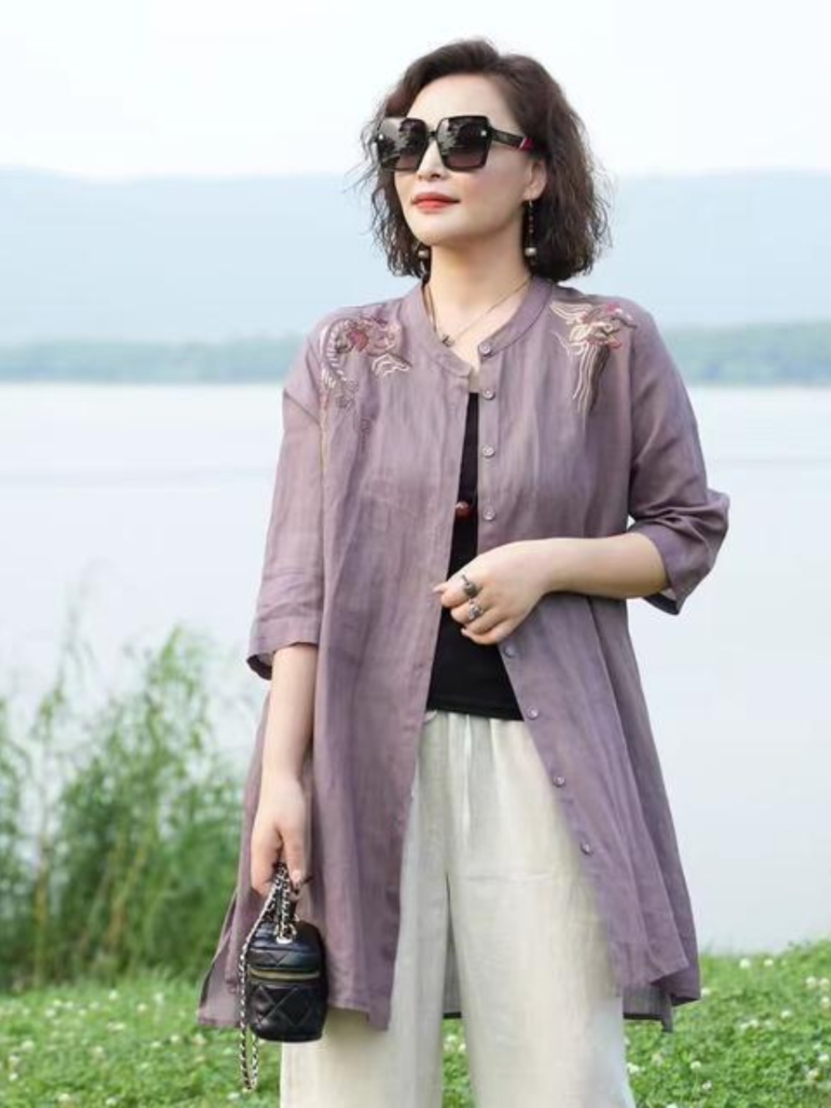 レトロ刺繍入りコットンリネンブレンド薄手アウターシャツ女性用 - Embroidery Cardigan のレビューと価格