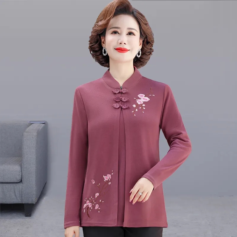 中年女性刺繍カーディガンシャツ春秋大きいサイズフェイクツーピ - Embroidery Cardigan のレビューと価格