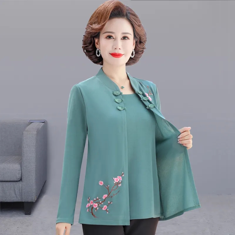 中年女性刺繍カーディガンシャツ春秋大きいサイズフェイクツーピ - Embroidery Cardigan のレビューと価格