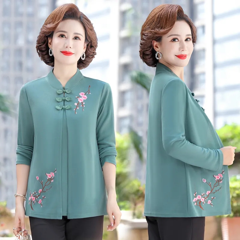 中年女性刺繍カーディガンシャツ春秋大きいサイズフェイクツーピ - Embroidery Cardigan のレビューと価格