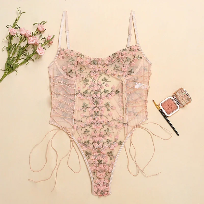女性のセクシーなランジェリーボディスーツ花柄プリント刺繍透明 - Embroidery Underwear のレビューと価格