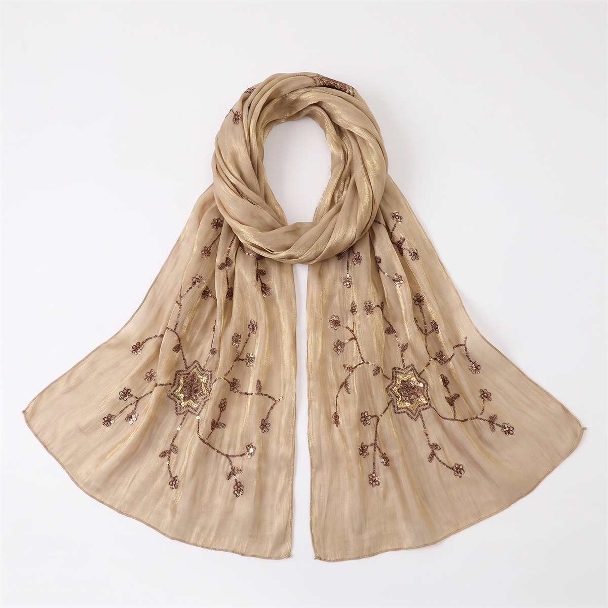 ファッションクリンクルヒジャブスカーフ、花柄スパンコール刺繍 - Embroidery Shawl のレビューと価格