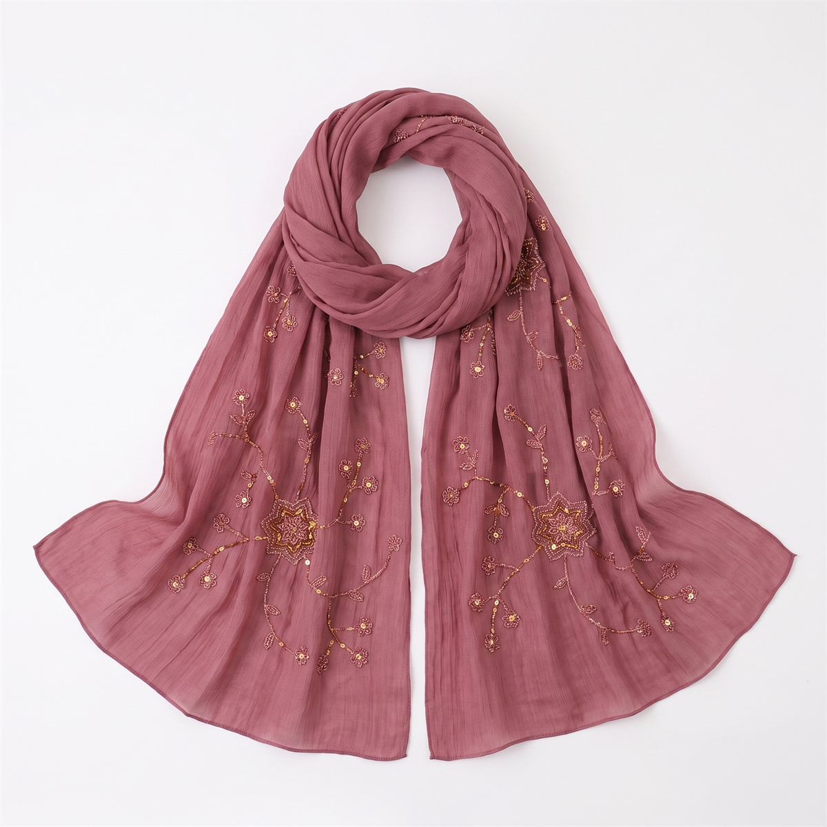ファッションクリンクルヒジャブスカーフ、花柄スパンコール刺繍 - Embroidery Shawl のレビューと価格