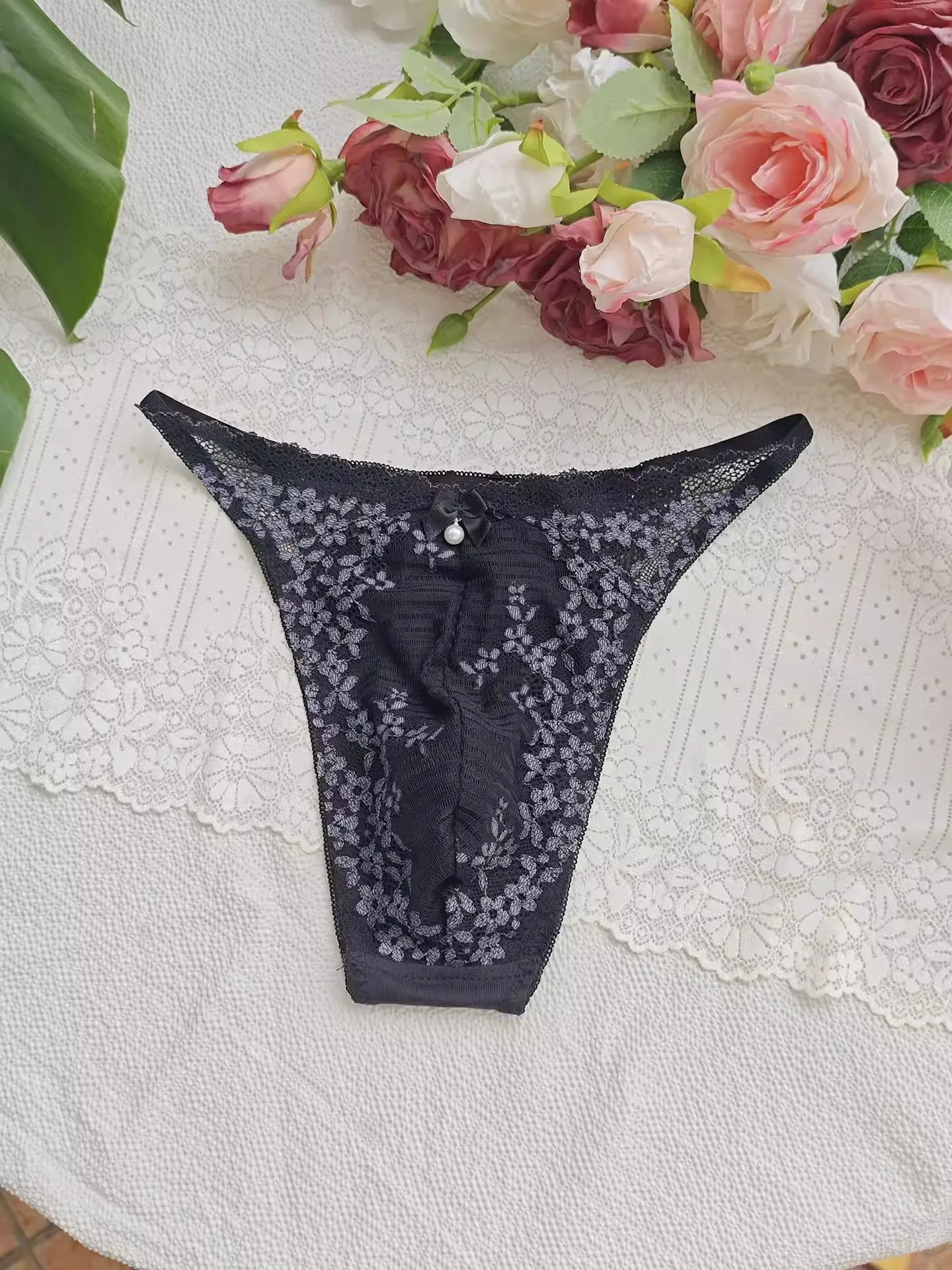 ブラックレースマンズTブリーフ刺繍ハンドメイドブルーピンクB - Embroidery Underwear のレビューと価格