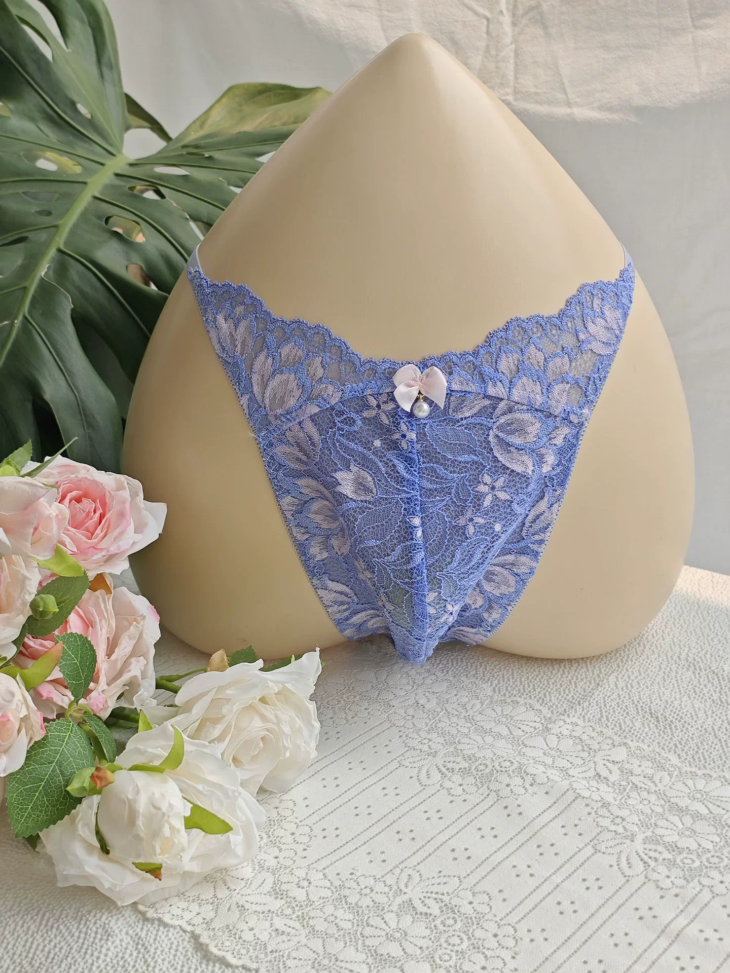 ブラックレースマンズTブリーフ刺繍ハンドメイドブルーピンクB - Embroidery Underwear のレビューと価格