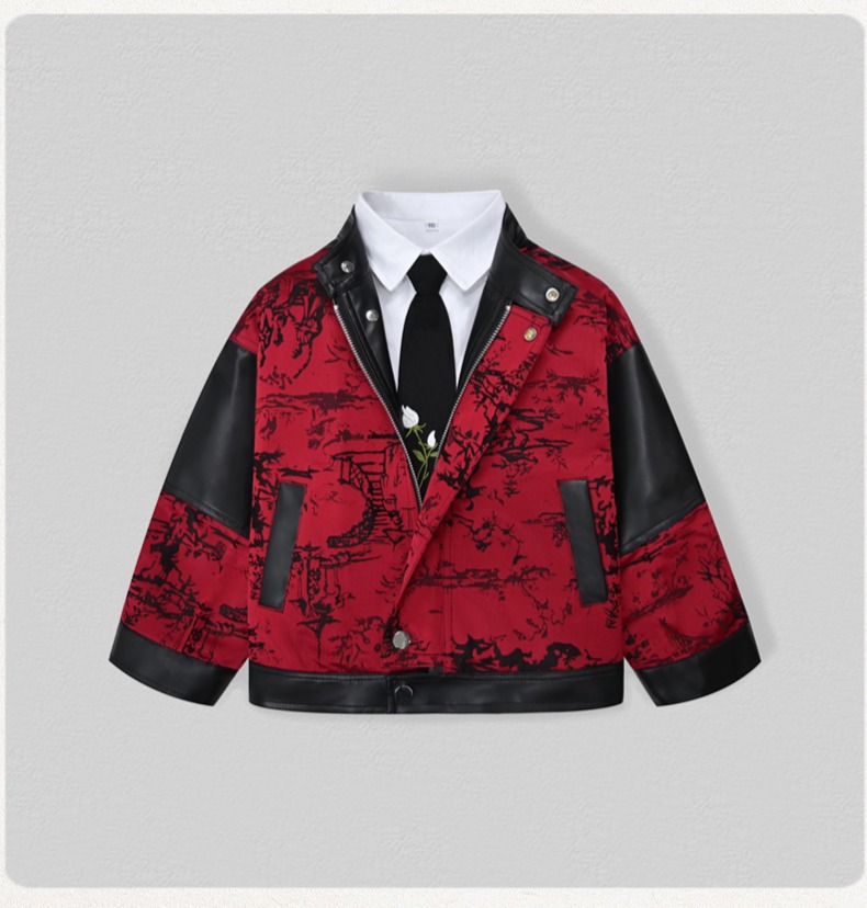 紳士風キッズ刺繍入りバイク用PUレザージャケット 男の子用  - Embroidery Uniform のレビューと価格