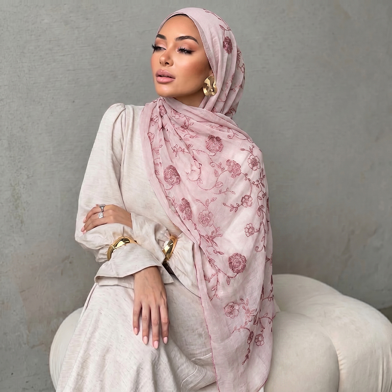 花柄刺繍ムスリムヒジャブシースルースカーフ、柔らかく軽量な女 - Embroidery Shawl のレビューと価格