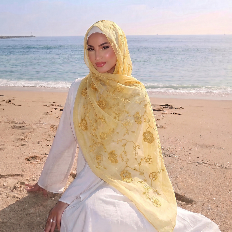 花柄刺繍ムスリムヒジャブシースルースカーフ、柔らかく軽量な女 - Embroidery Shawl のレビューと価格