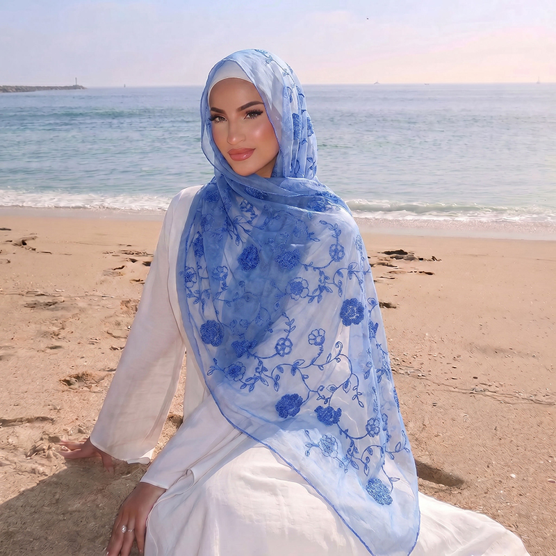花柄刺繍ムスリムヒジャブシースルースカーフ、柔らかく軽量な女 - Embroidery Shawl のレビューと価格