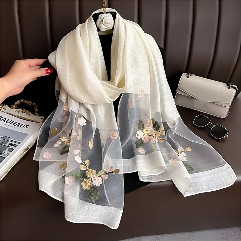 女性シルクウールスカーフ花刺繍ヒジャーブ女性スカーフ春夏薄い - Embroidery Shawl のレビューと価格