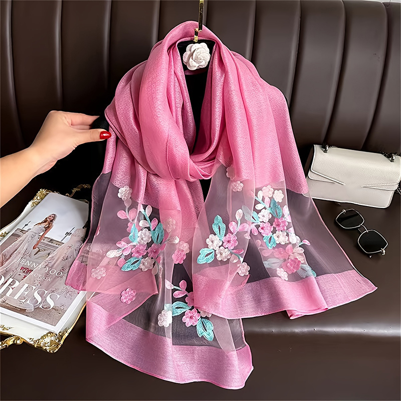 女性シルクウールスカーフ花刺繍ヒジャーブ女性スカーフ春夏薄い - Embroidery Shawl のレビューと価格
