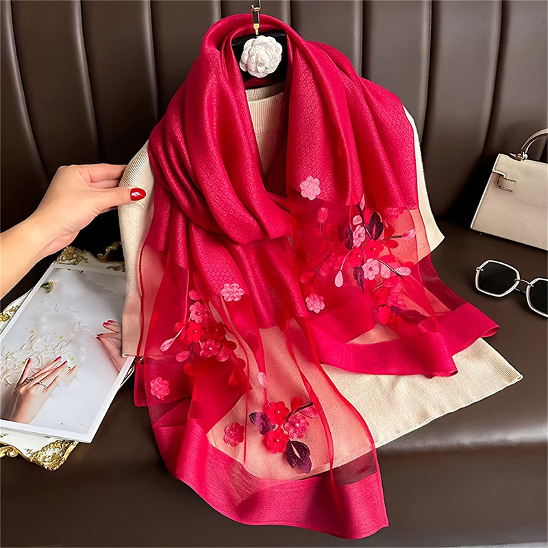 女性シルクウールスカーフ花刺繍ヒジャーブ女性スカーフ春夏薄い - Embroidery Shawl のレビューと価格
