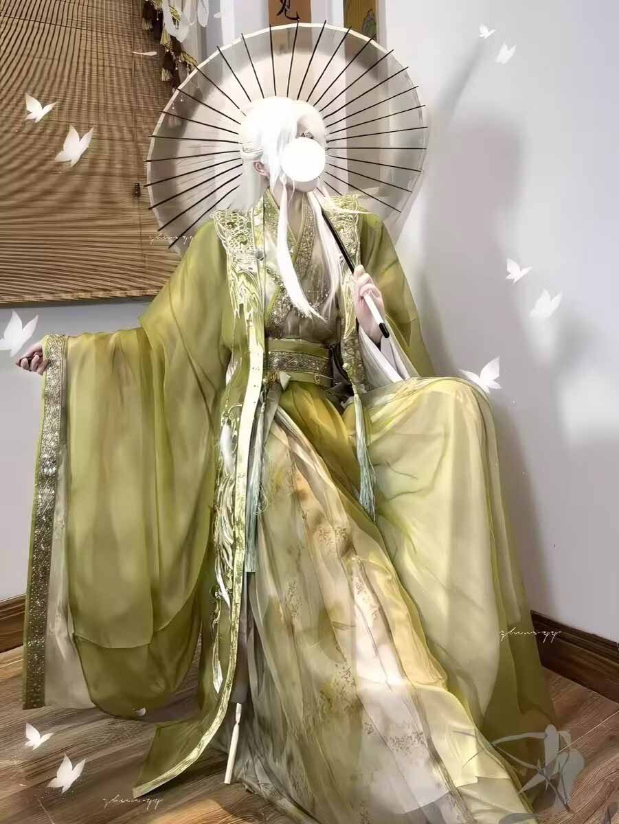 武侠剣士漢服衣装男性グラデーション黄色刺繍ワイドスリーブロー - Embroidery Outfit のレビューと価格