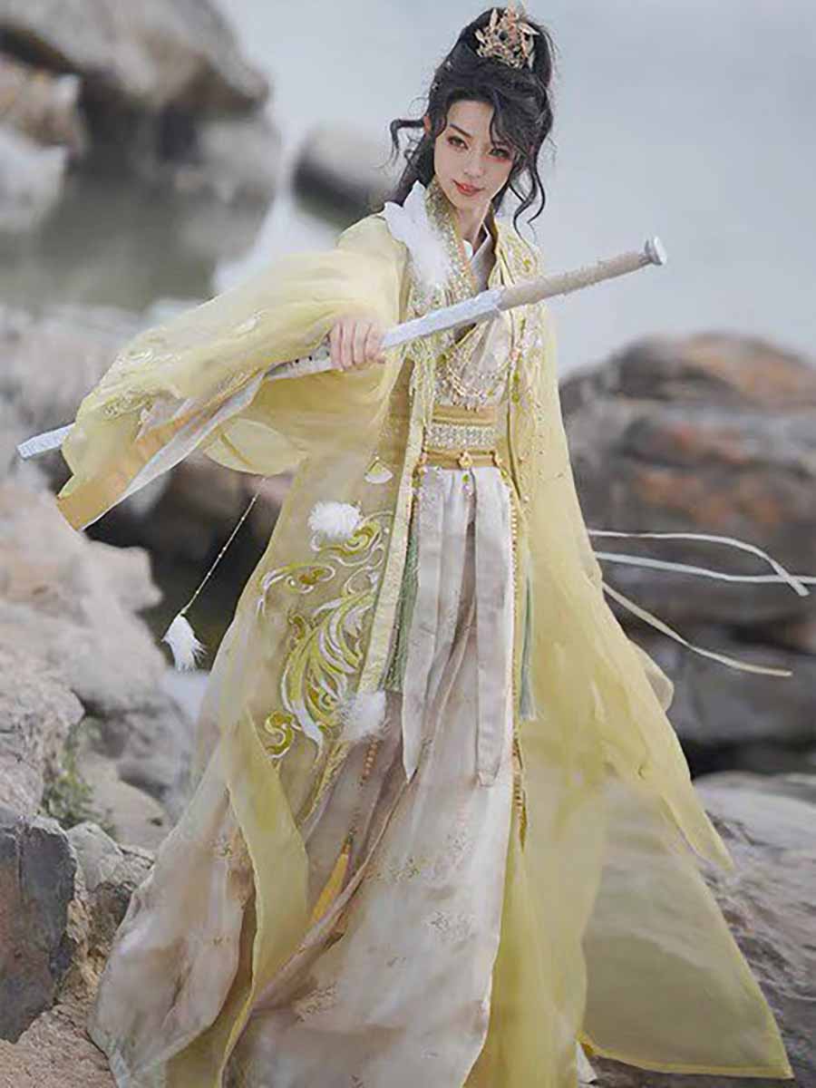 武侠剣士漢服衣装男性グラデーション黄色刺繍ワイドスリーブロー - Embroidery Outfit のレビューと価格