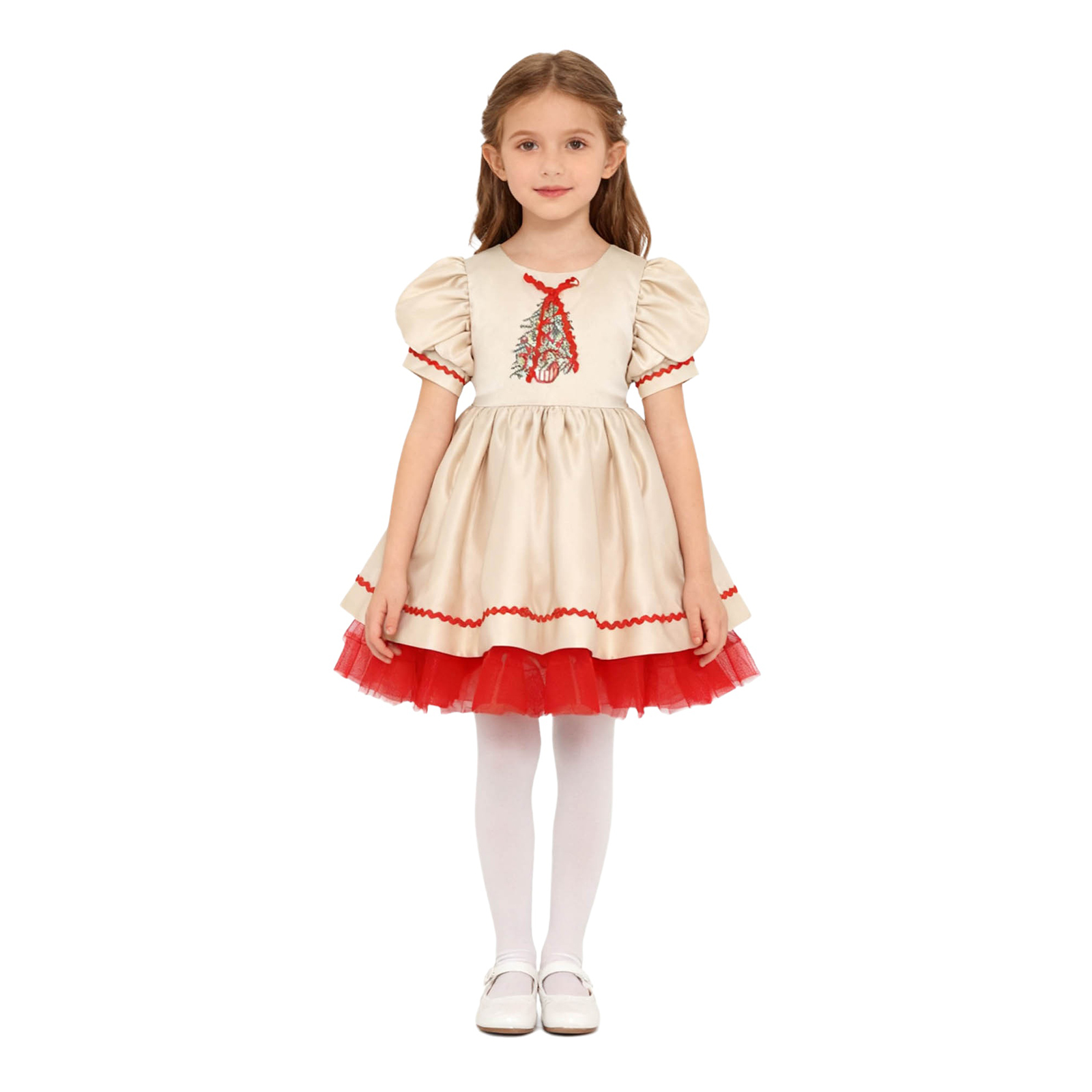 キッズガールズクリスマスサンタドレス刺繍パターンパフィースリ - Embroidery Dress のレビューと価格