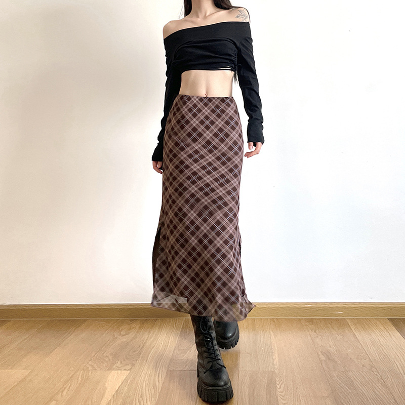 女性春秋のチェック柄プリントラップヒップスカートファッション - Felt Sheet Wool のレビューと価格