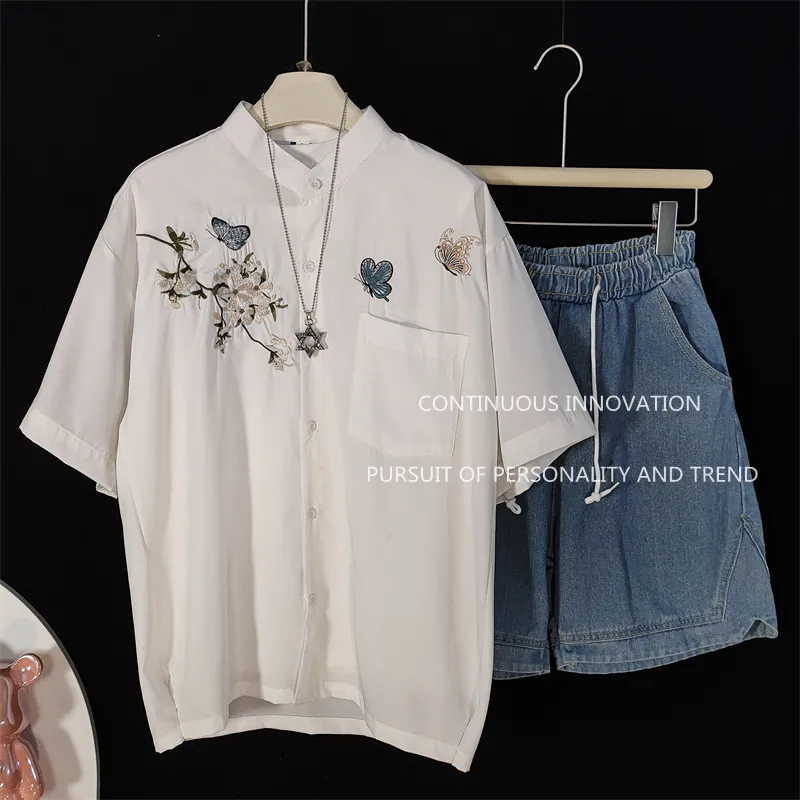 メンズ3点セット 中華風刺繍半袖シャツ タンクトップ デニム - Embroidery Outfit のレビューと価格