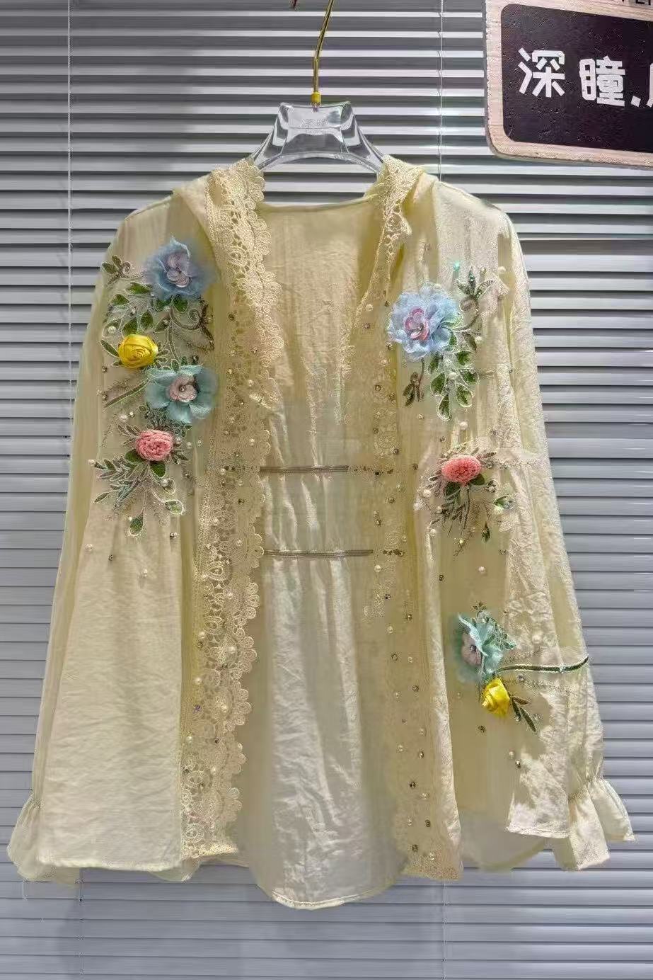 通気性のある綿混紡白フード付き日焼け止めシャツブラウス女性の - Embroidery Cardigan のレビューと価格